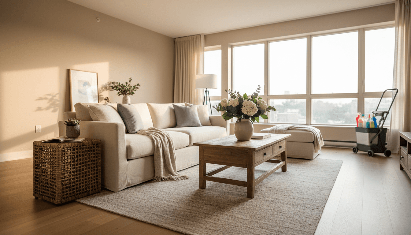 Intérieur d'appartement bien entretenu avec mobilier moderne et luminosité naturelle