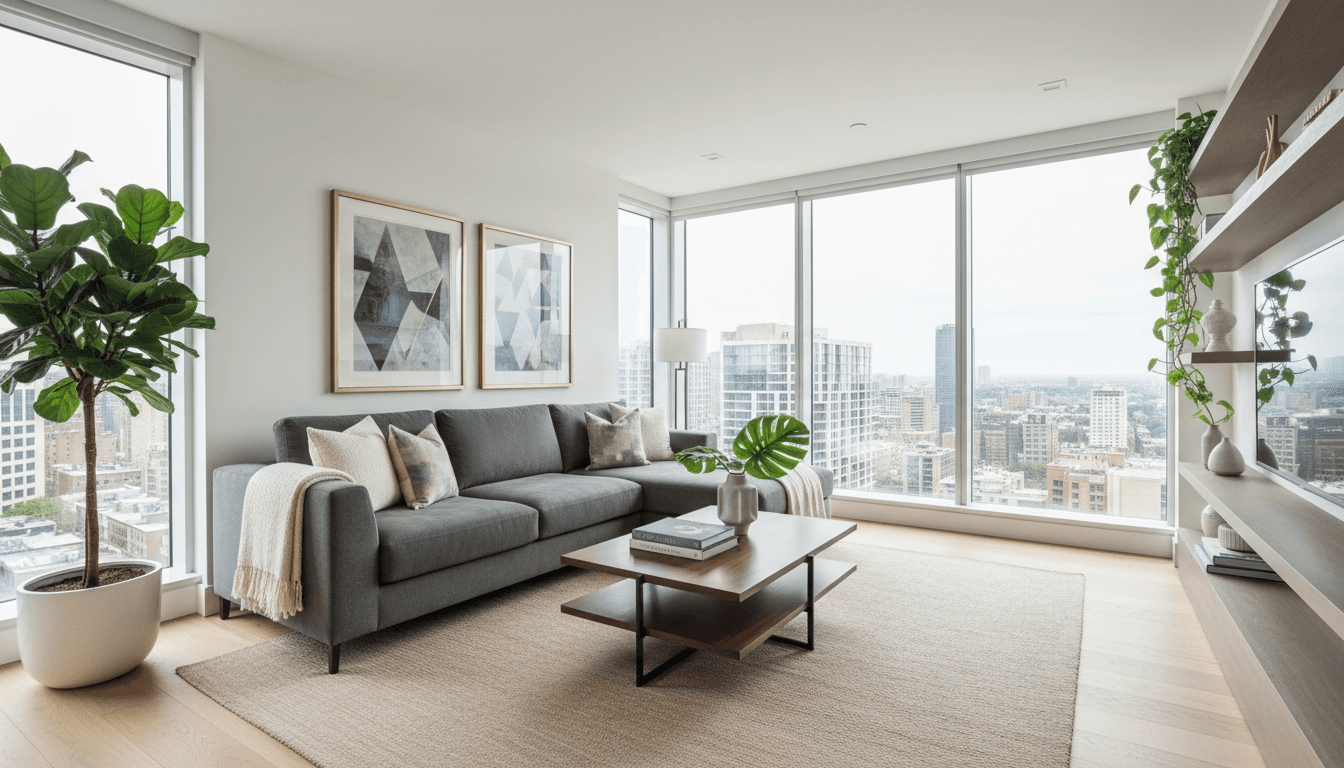 Modern apartment living room with natural light and welcoming ambiance