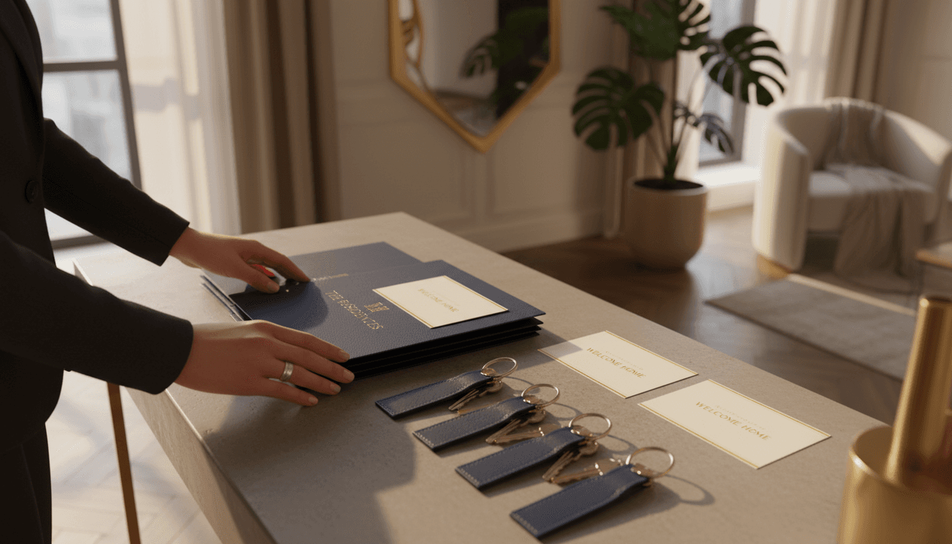 Gestionnaire de propriété organisant les matériaux d'accueil et les clés dans une entrée moderne