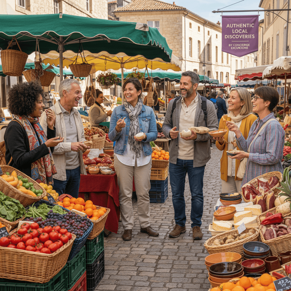 Travelers exploring a vibrant local market in Castelnaudary, interacting with vendors
