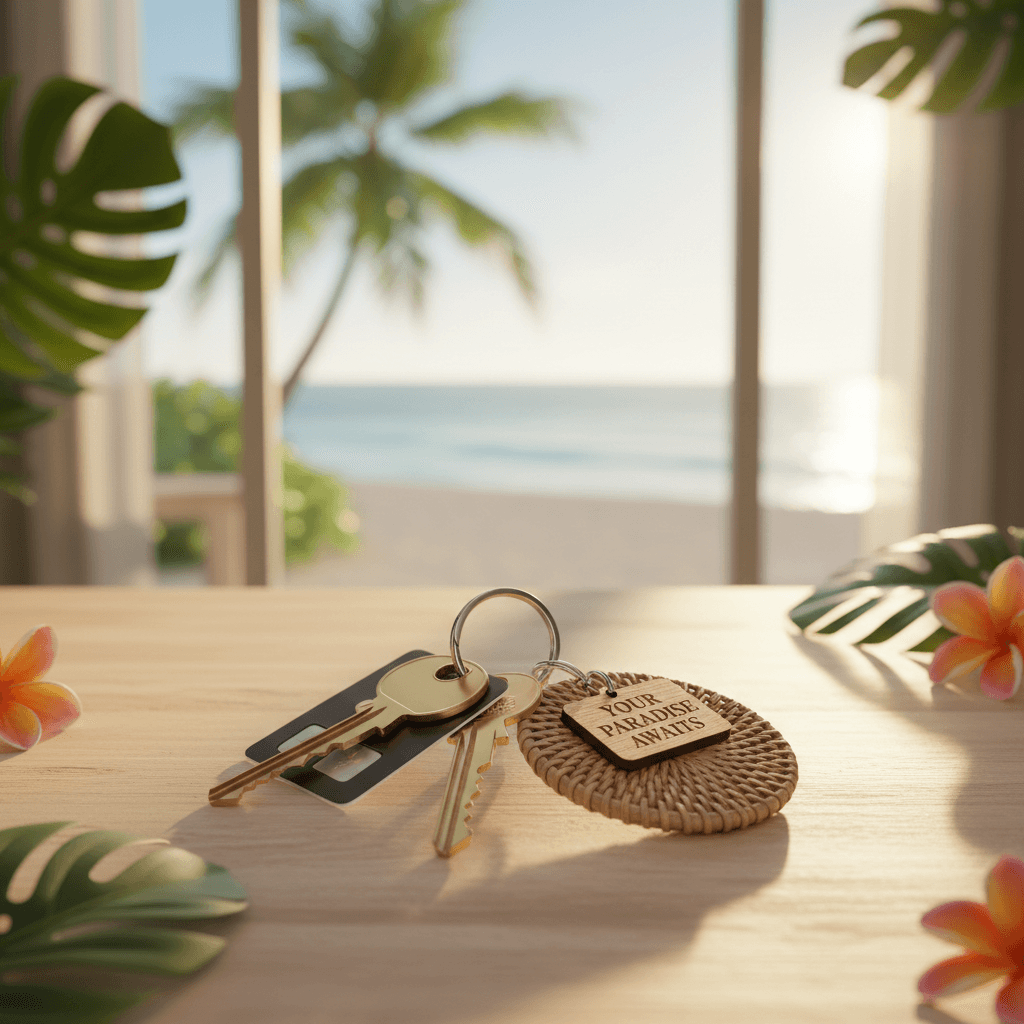 Close-up of vacation rental keys on wooden surface with tropical beach view in soft sunlight