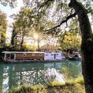 Golden sunlight filters through trees onto houseboats reflected in a peaceful, wooded canal waterway.